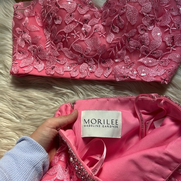 MORI LEE Bright Pink 2 Piece Floral Sparkly Lace Up Prom Gown - Picture 12 of 14